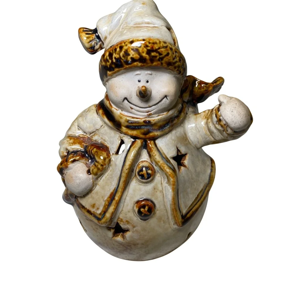 Ceramic Snowman Tealight Candle Holder Christmas Star Moon Cutouts 7 Inch
